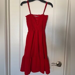 Bright Red Smocked Midi Dress with Adjustable Straps